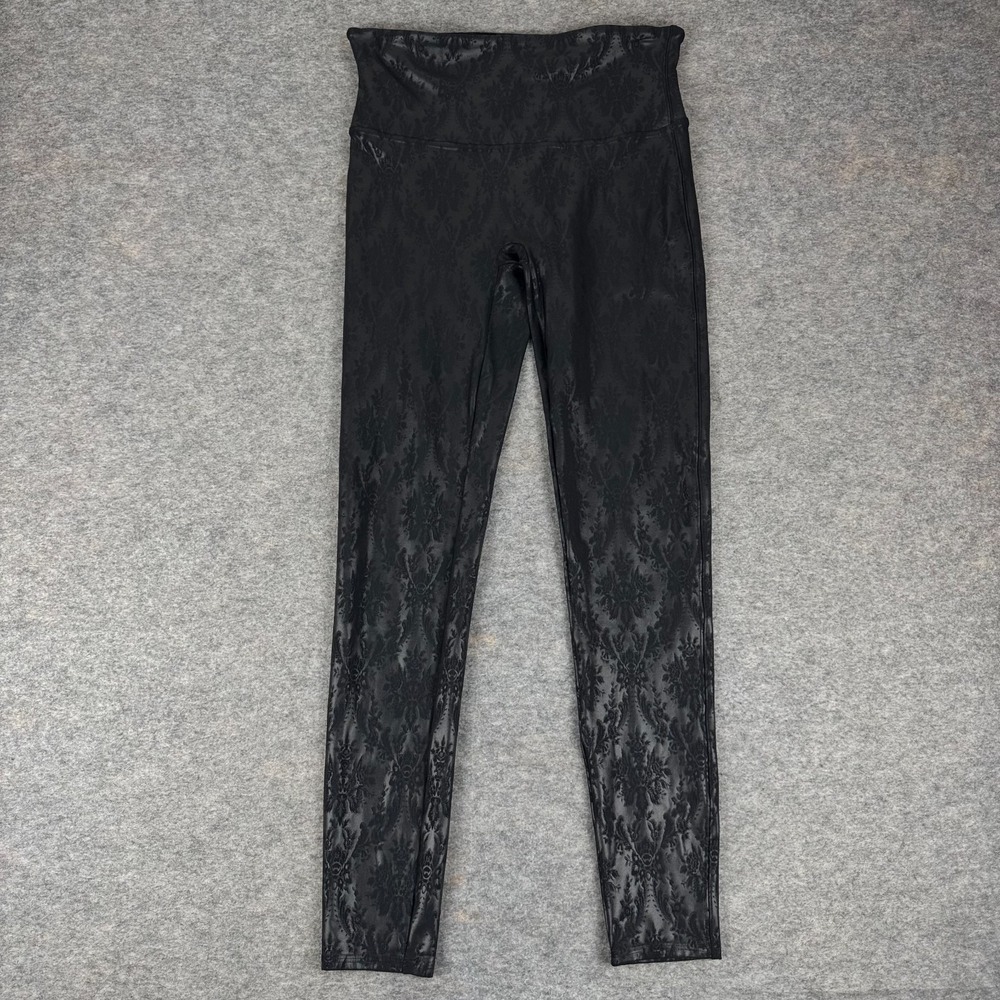 SPANX‎ Faux Leather Embossed Damask Brocade Leggings 28" Black Womens Large L